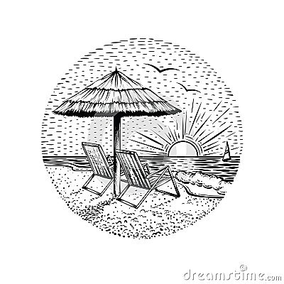 Beach landscape with parasol and two chairs. Round sea vacation emblem, card or design element. Vector Illustration