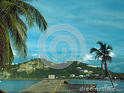 beach landscape San Juan del Sur Nicaragua with statue Jesus Christ on mountain Stock Photo