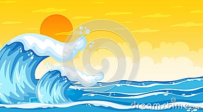 Beach landscape at sunset scene with ocean wave Vector Illustration