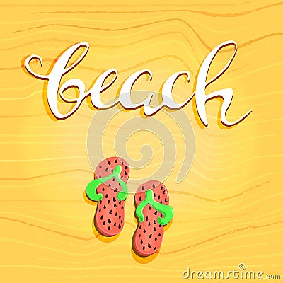 Beach letterin hand drawn and step-ins. Abstract decorative diagonal crumpled wavy striped textured background. Yellow Vector Illustration