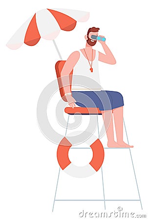 Beach lifeguard watching in binoculars. Safety tower Vector Illustration