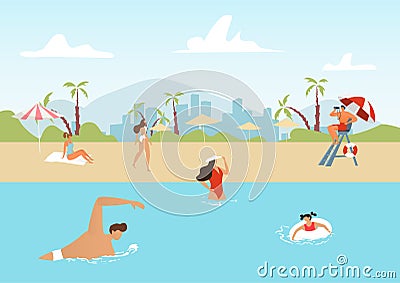 Beach lifeguard watching people, vector illustration. Man woman character swim at summer sea water, travel vacation near Vector Illustration