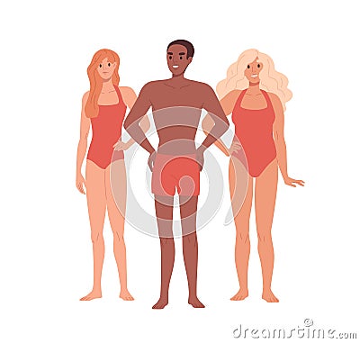 Beach lifeguards in swimsuits portrait. Happy smiling man and woman lifesavers in swimwear. Life guard team. Male and Vector Illustration