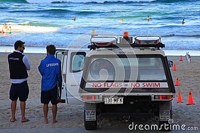 Lifeguards with vehicle at beach Editorial Stock Photo