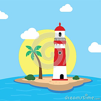 Beach lighthouse seashore view Vector Illustration