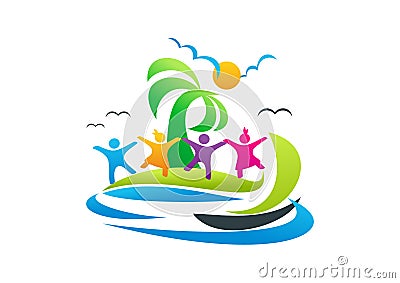 Beach logo, people vacation symbol,travel design,and sailboat vector icon illustration Vector Illustration