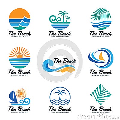 The beach logo with sea wave , coconut leaf , boat and sun vector set design Vector Illustration