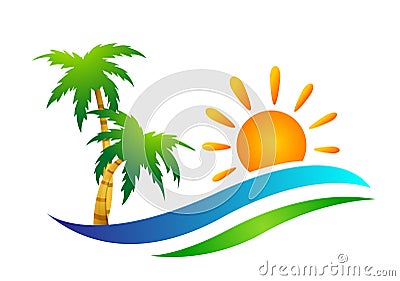 Beach logo water wave Hotel tourism holiday summer beach coconut palm tree vector logo design Coast icon on white background Cartoon Illustration