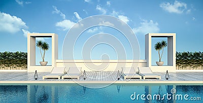 Beach lounge and panoramic sea view at luxury villa /3d rendering Stock Photo