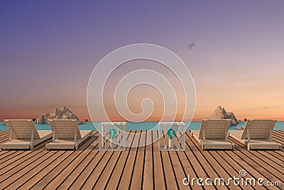 Beach lounge seaview with wood floor design in 3D rendering Stock Photo