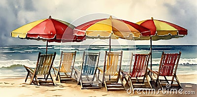 summer watercolor rest beach chair coast vacation relax resort umbrella background. Generative AI. Stock Photo