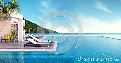 Beach lounge,sun loungers on Sunbathing deck and private swimming pool with panoramic sea view at luxury villa/3d rendering Stock Photo
