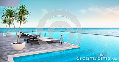 Beach lounge ,sun loungers on Sunbathing deck and private swimming pool with panoramic sea view at luxury villa/3d rendering Stock Photo