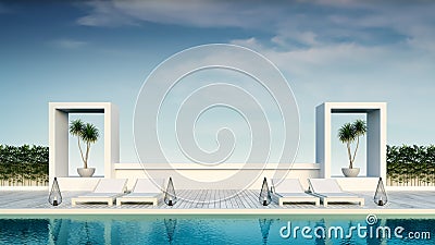 Beach lounge ,sun loungers on Sunbathing deck and private swimming pool with panoramic sea view at luxury villa/3d rendering Stock Photo
