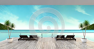 Beach lounge ,sun loungers on Sunbathing deck and private swimming pool with panoramic sea view at luxury villa/3d rendering Stock Photo