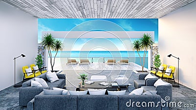 Beach lounge ,sun loungers on Sunbathing deck and private swimming pool with panoramic sea view at luxury villa/3d rendering Stock Photo