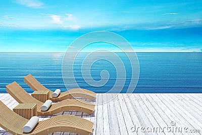 Beach lounge, sundeck over blue sea and sky, summer holiday vacation concept Stock Photo