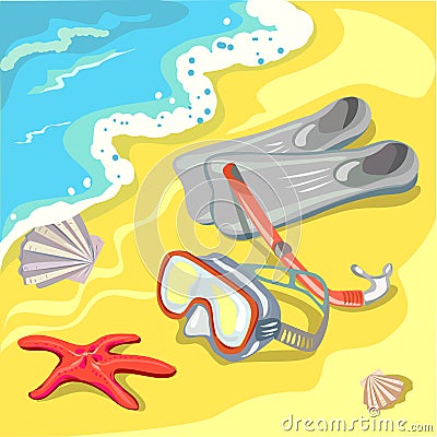 Beach with a mask, snorkel and fins Vector Illustration