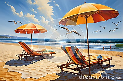 Beach at Midday: Sun High and Glaring, Casting Sharp Shadows Beneath Umbrellas, a Pair of Flip-Flops Rests in the Sand Stock Photo