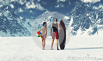 Beach mountains. Couple in summer cloths at snowy mountains Cartoon Illustration