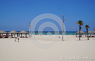 Beach near the sea and tourist promenade in Tel-Aviv Editorial Stock Photo