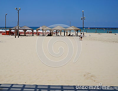 Beach near the sea and tourist promenade in Tel-Aviv Editorial Stock Photo