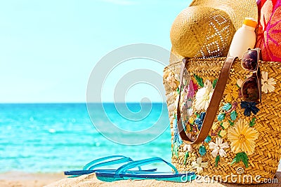 Beach necessities at the sunny beach Stock Photo