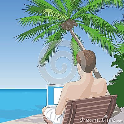 On the Beach, On the Net Cartoon Illustration