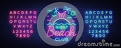 Beach nightclub neon sign. Logo in Neon Style, Symbol, Design Template for Nightclub, Night Party Advertising, Discos Vector Illustration
