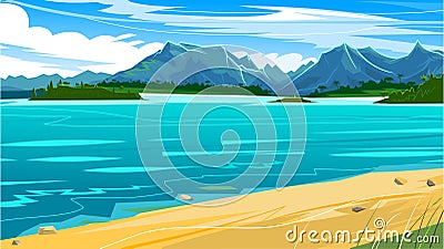 Beach ocean horizon. Tropical landscape. Sandy seashore. Sea and sand. Tidal bore. Vector illustration. Mountains in the distance Vector Illustration