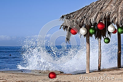 Beach Palapa Decorated For Christmas ~ Wave Stock Photo