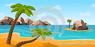 Beach palm tree landscape. Summer blue ocean, sea coast with palms and stones. Family season vacation area, island Vector Illustration