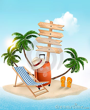 Beach with a palm tree, wooden sign and a beach chair. Summer va Vector Illustration