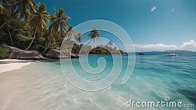 beach with palm trees _A seascape with blue water and waves. The water is clear and sparkling Stock Photo