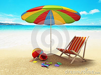 Beach parasol, sun chair and beach toys by the seashore. 3D illustration Cartoon Illustration