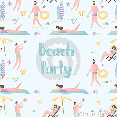 Beach party background or frame with place for text,active male and female characters Vector Illustration