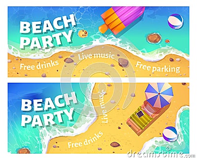 Beach party cartoon flyer with woman in ocean Vector Illustration