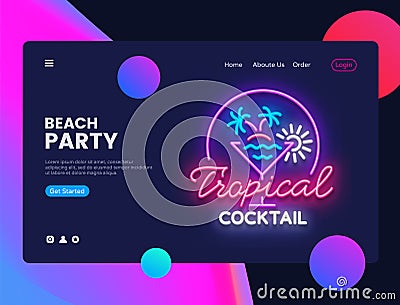 Beach Party concept banner. Tropical Cocktails Night Club Neon Sign, can use for web banner, infographics, website Vector Illustration