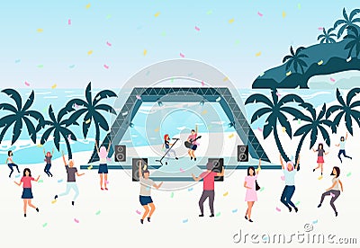 Beach party flat vector illustration. Open air live performance. Rock, pop musician concert in park, camp. Concert on shore of Vector Illustration