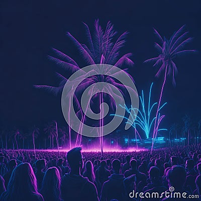 Beach Party, Live Concert Performence, Festival, Night Club Party, Cheering Crowd, Lots of People Silhouette, Neon Color Lights Stock Photo