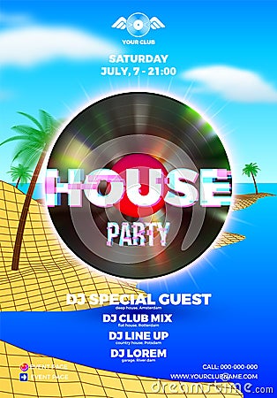 Beach party poster for clubbing dance event with 80s retro or synth wave style and palm trees Vector Illustration