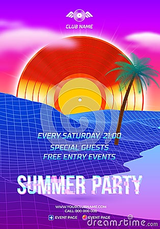 Beach party poster for clubbing dance event with 80s retro or synth wave style and palm trees Vector Illustration