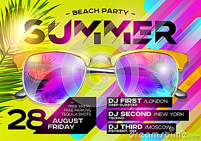 Beach Party Poster for Music Festival. Electronic Music Cover for Summer Fest or DJ Party Flyer. Vector Illustration