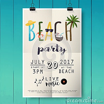 Beach party poster with palm leaf and lettering on wood texture Vector Illustration