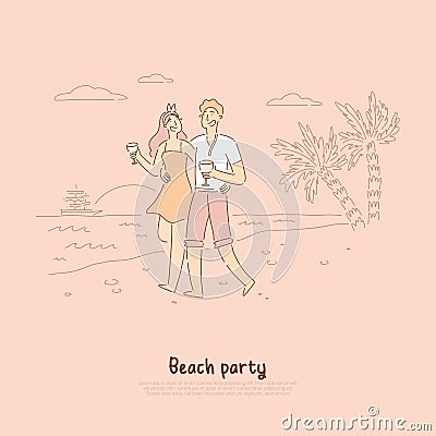 Beach party romance, romantic couple on date, lovers enjoy summertime vacation, oceanic sunset, drinking cocktails by Vector Illustration