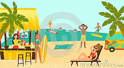 Beach party surf coastal, female male character surfing tropical seaside cartoon vector illustration. Beachfront Vector Illustration