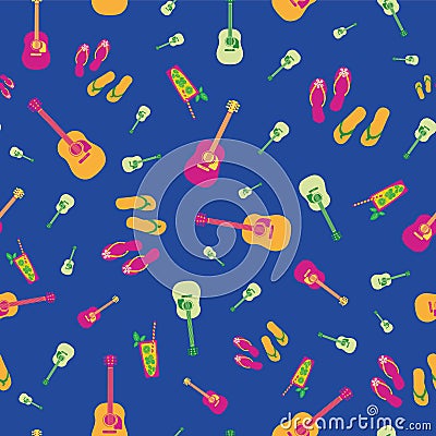 Beach party vector seamless pattern background. Tropical backdrop with cocktail glasses, flip flops, guitars. Colorful Stock Photo