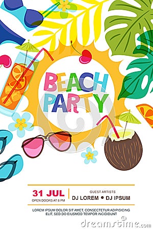 Beach party vector summer poster design template. Sun, palm leaves and cocktails doodle illustration. Vector Illustration