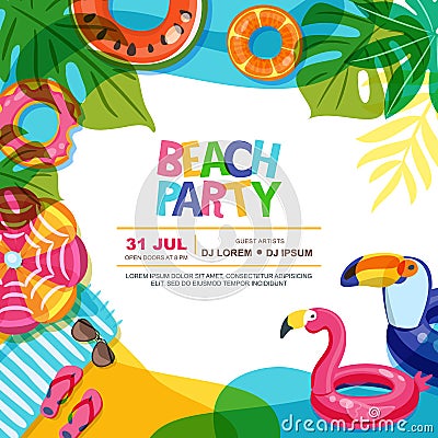 Beach party vector summer poster design template. Swimming pool with float rings doodle illustration. Vector Illustration