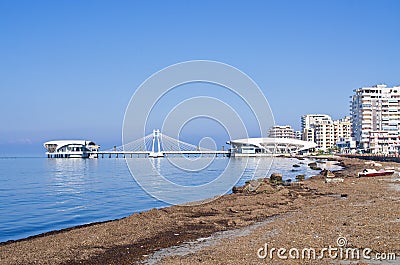 Beach and pier in Durres, Albania Stock Photo